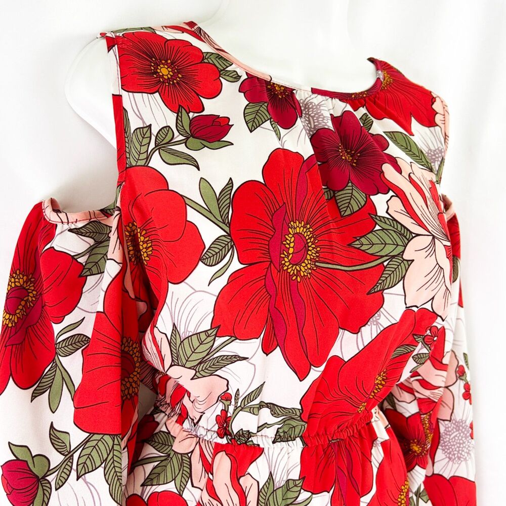 Go Coco Large-Scale Floral Print Maxi Dress (1X) Red Pink Green White Leg Slits - Picture 3 of 14